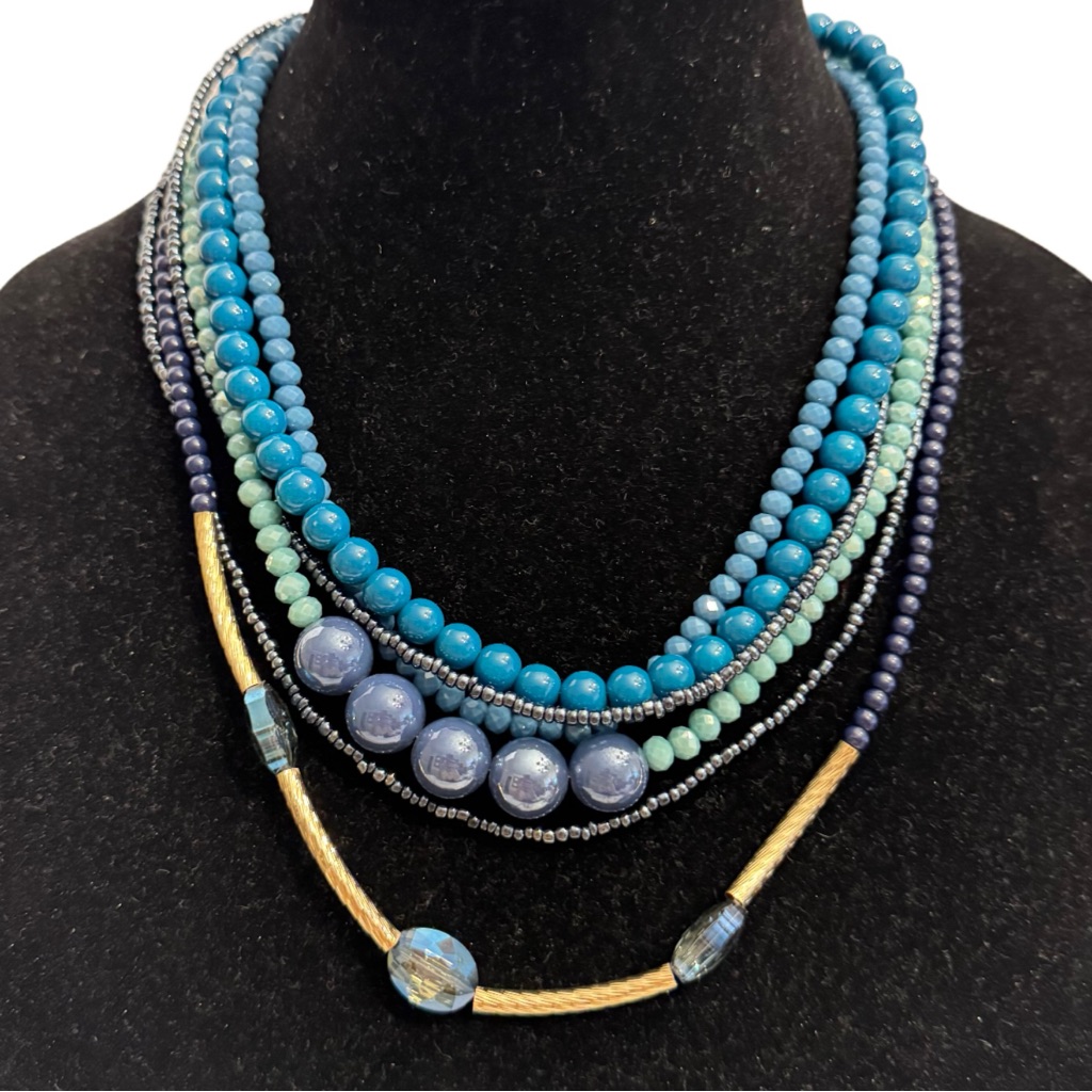 Patchington Multi Strand Layered Necklace Blue Glass Beaded Statement Tiered New